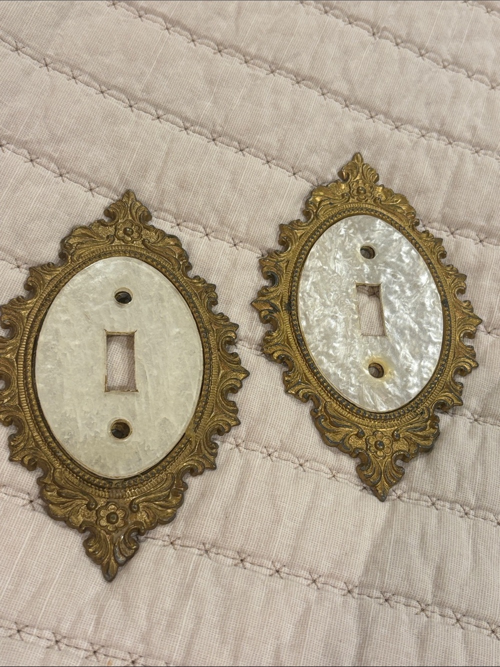 Vintage Hollywood Regency Brass & Mother of Pearl toggle switch plates
